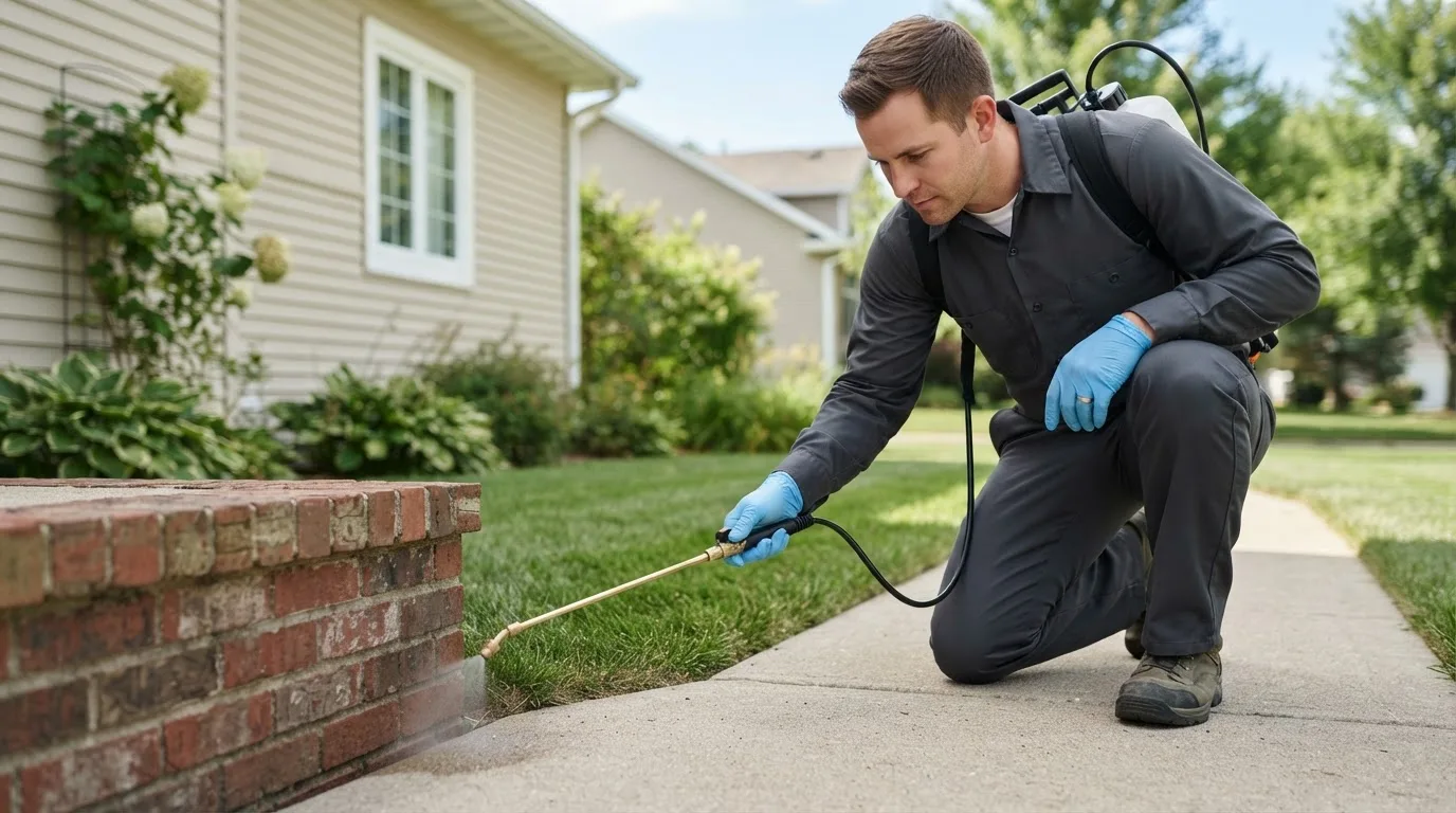Pest control technician treating a home near Koosharem, UT